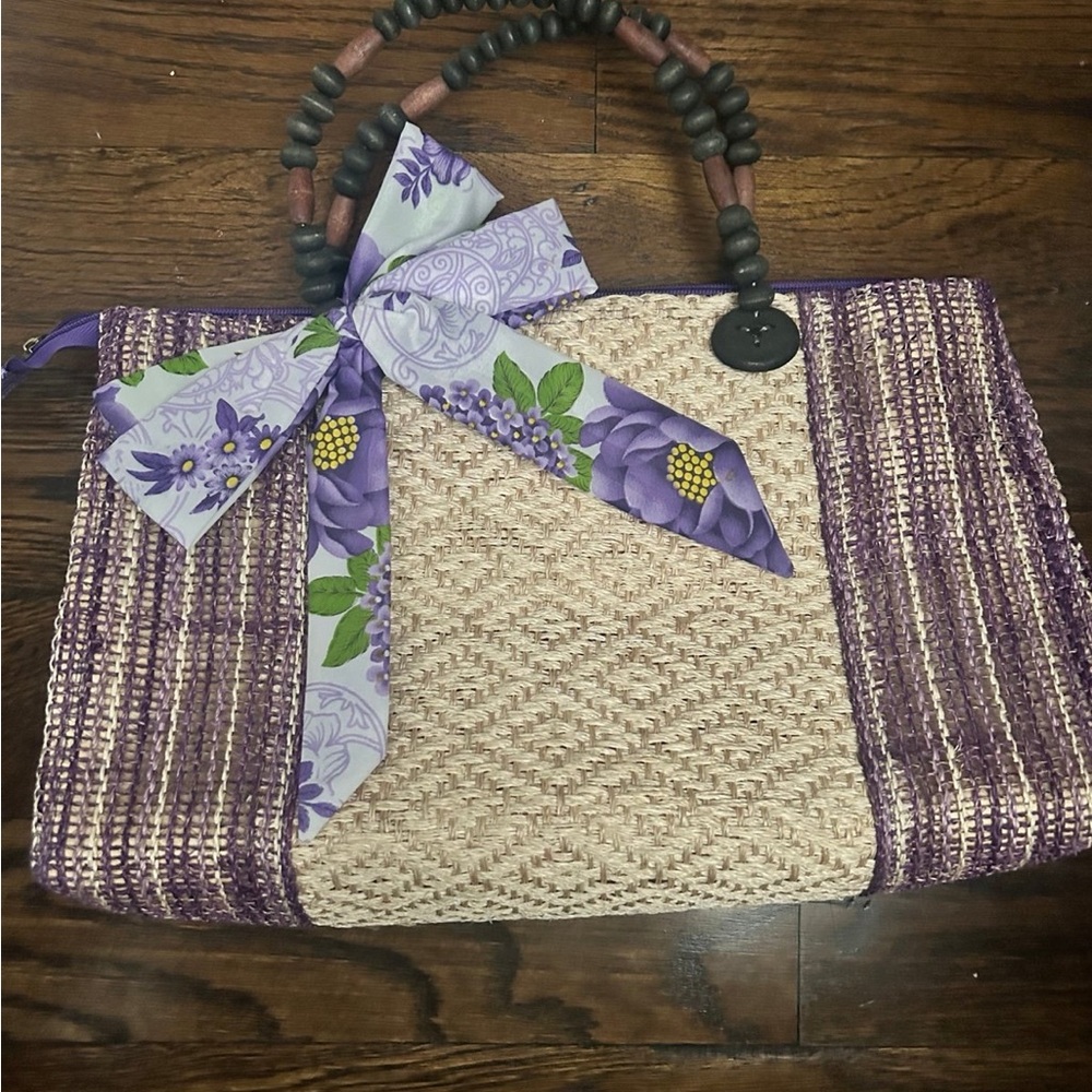 Woven Straw Tote with Purple Floral Bow